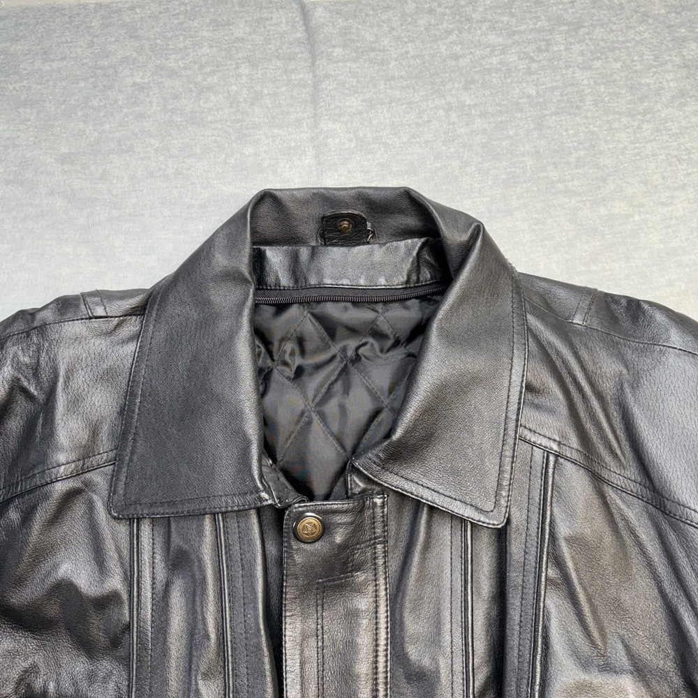 Vintage Leather Jacket Adult L/XL Black Quilt Lined Field Parka Full Zip Cinched - Picture 7 of 16